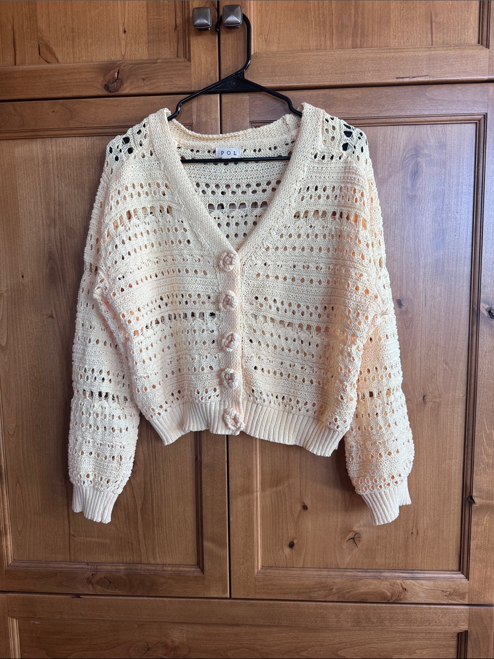 POL Yellow Openwork Crochet Cardigan Sweater with Crochet Flower Buttons
